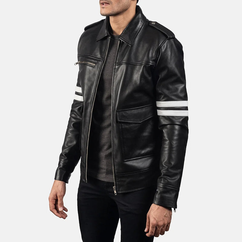 Stylish Biker black leather jacket with two sleek stripes on the sleeves.