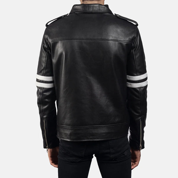 Stylish Biker black leather jacket with two sleek stripes on the sleeves.