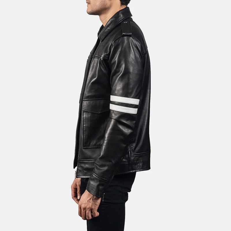 Stylish Biker black leather jacket with two sleek stripes on the sleeves.