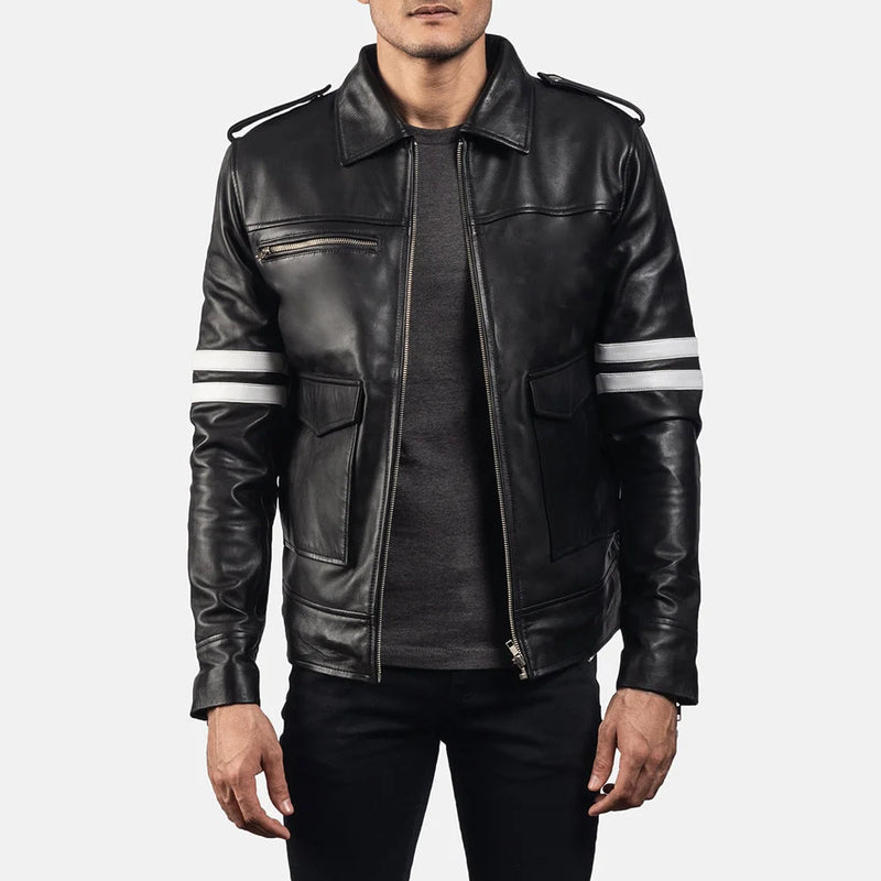 Stylish Biker black leather jacket with two sleek stripes on the sleeves.