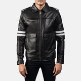 Stylish Biker black leather jacket with two sleek stripes on the sleeves.