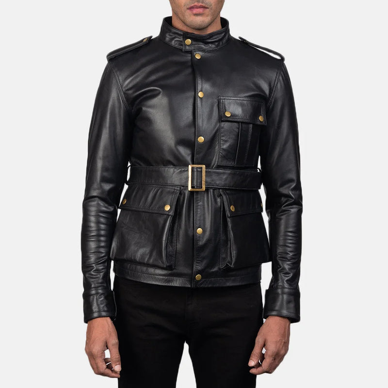 A stylish biker black leather jacket with a zipper and a collar, perfect for adding a touch of coolness to any outfit.