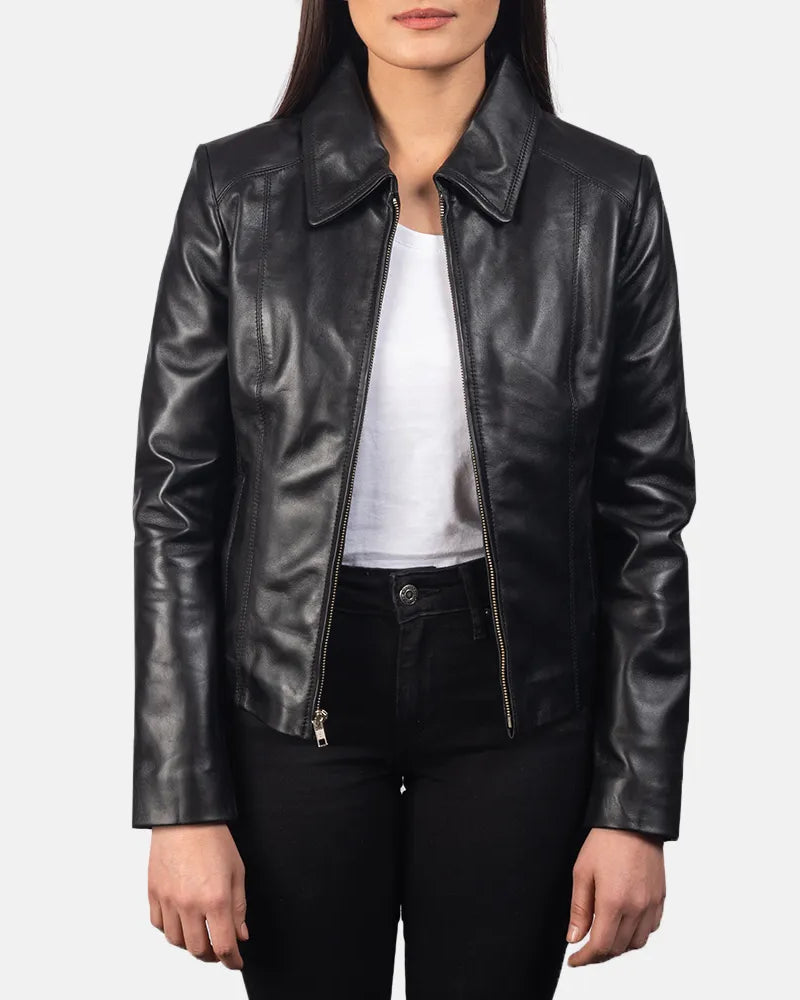 A black women's leather jacket with a collar, perfect for winter. Biker Jacket For Winter.