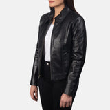 A black women's leather jacket with a collar, perfect for winter. Biker Jacket For Winter.