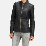 Black leather biker jacket for women with zipper details on the sleeves.