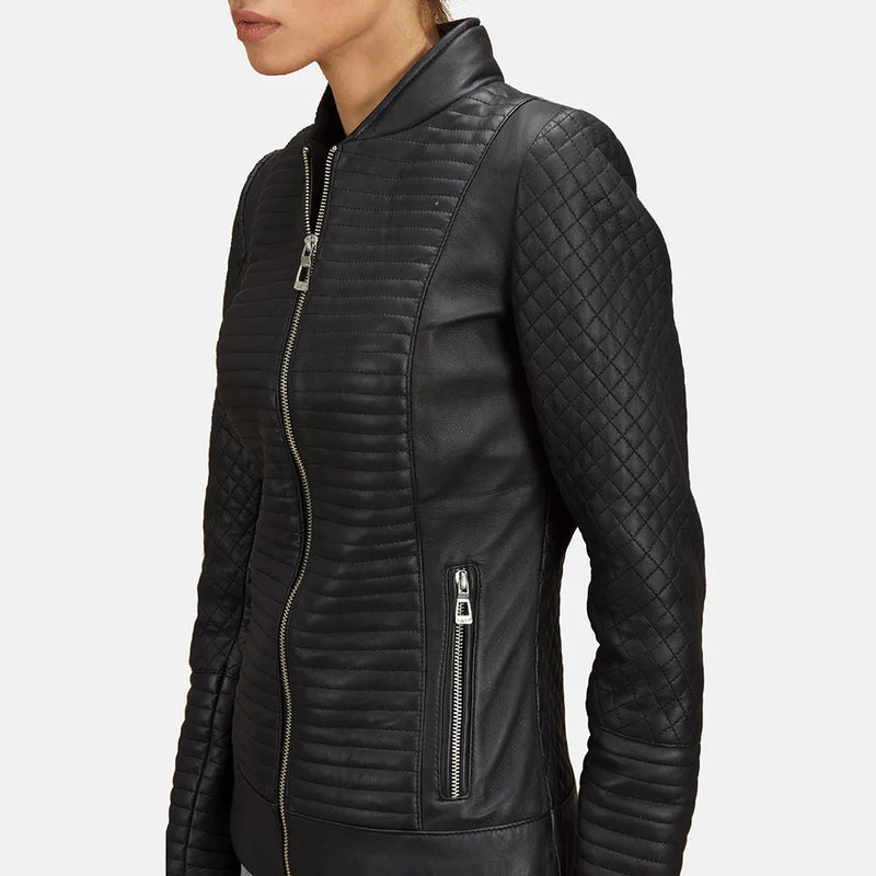 Black leather biker jacket for women with zipper details on the sleeves.