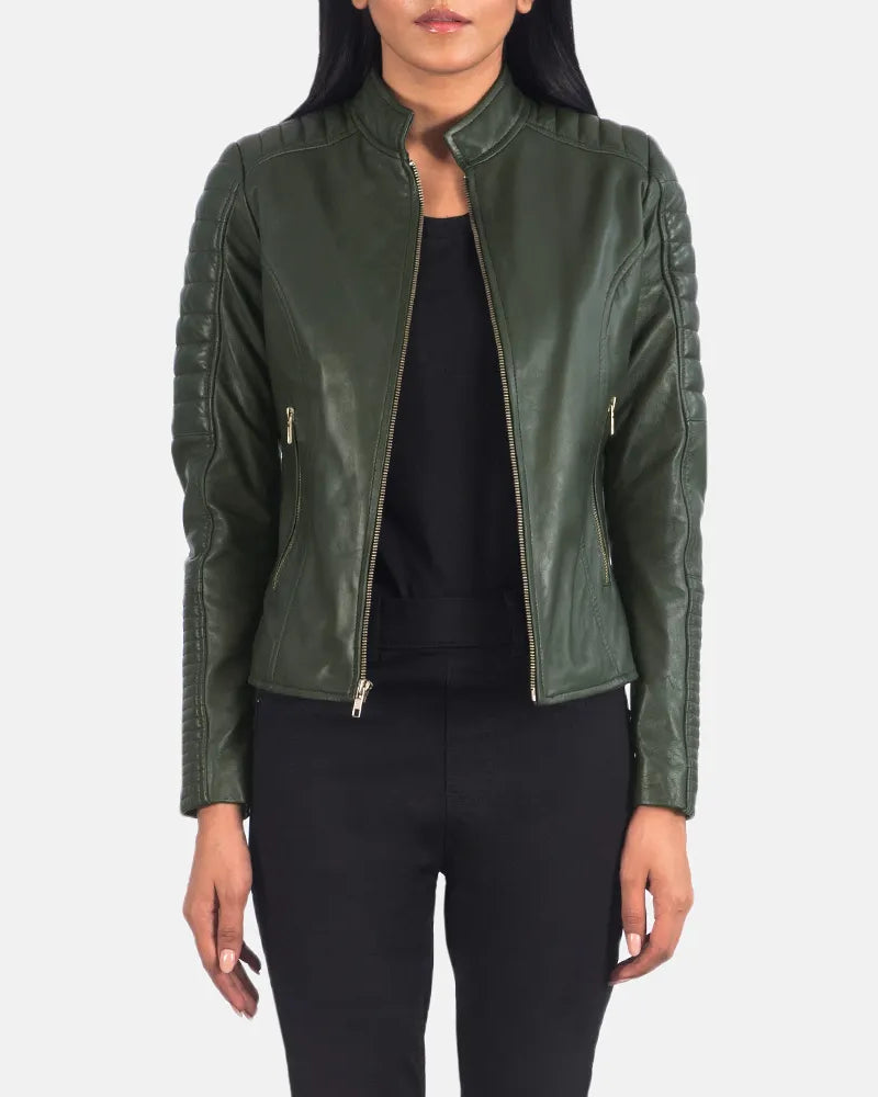 Fashionable choice: biker jacket green for women.