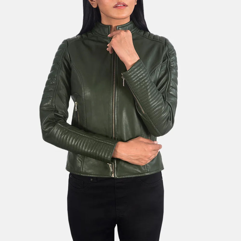 Fashionable choice: biker jacket green for women.