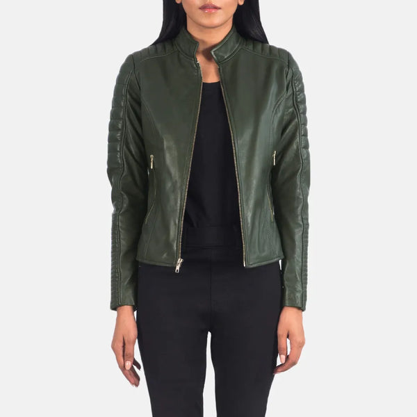 Fashionable choice: biker jacket green for women.