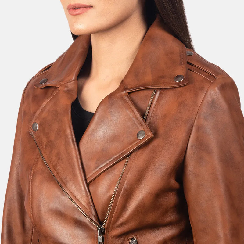 A stylish leather biker jacket women's made from genuine leather for an authentic and edgy appearance. Perfect for fashion-forward women!