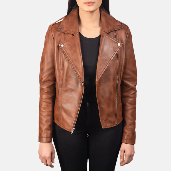 A stylish leather biker jacket women's made from genuine leather for an authentic and edgy appearance. Perfect for fashion-forward women!