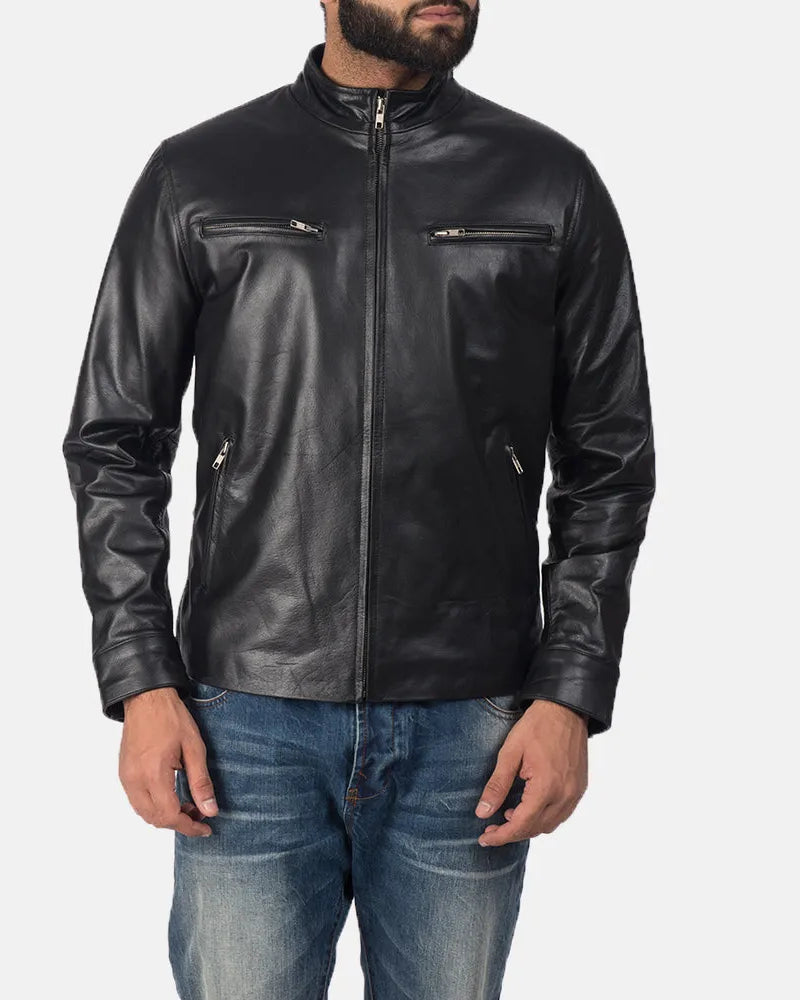 Gear up for the biker race jacket in this leather. Its black color and sleek design make it a must-have for any rider looking to make a statement.