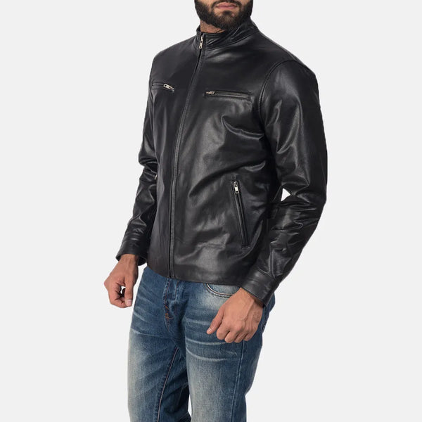 Gear up for the biker race jacket in this leather. Its black color and sleek design make it a must-have for any rider looking to make a statement.