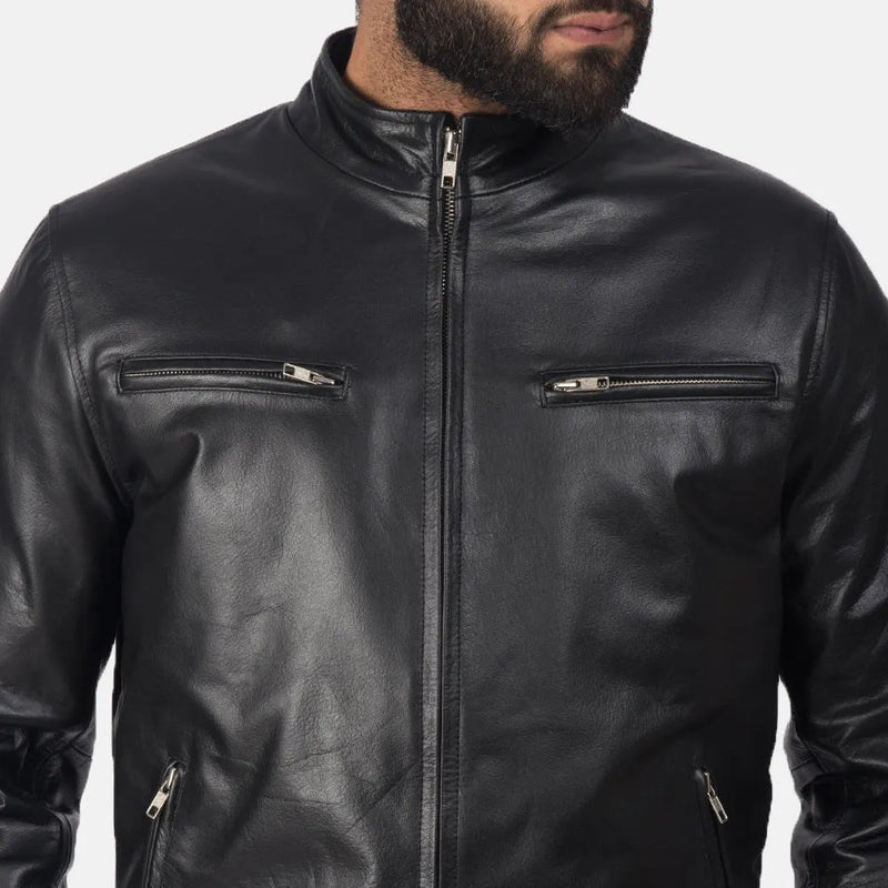 Gear up for the biker race jacket in this leather. Its black color and sleek design make it a must-have for any rider looking to make a statement.