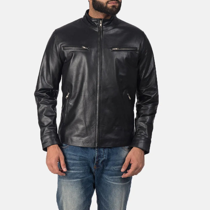 Gear up for the biker race jacket in this leather. Its black color and sleek design make it a must-have for any rider looking to make a statement.