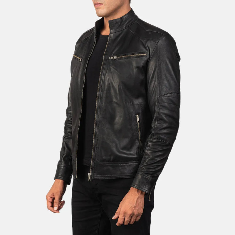 A sleek black biker jacket made from leather, perfect for adding a touch of edgy style to any outfit.