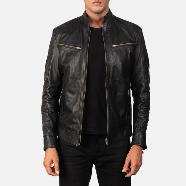 A sleek black biker jacket made from leather, perfect for adding a touch of edgy style to any outfit.