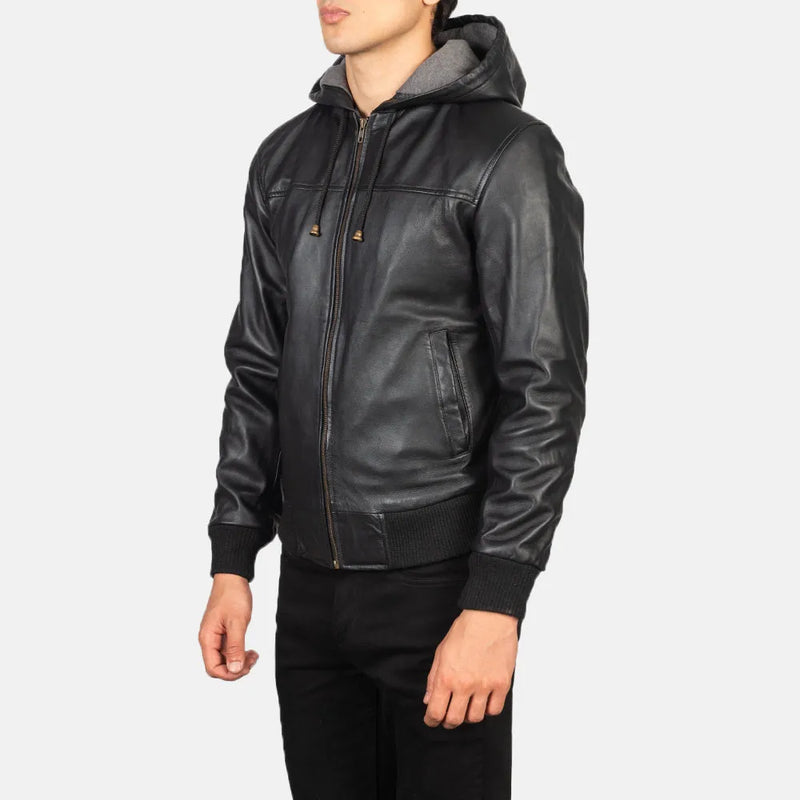 Men's black bomber jacket leather, perfect for any occasion. Its design make it a must-have for fashion-forward individuals.