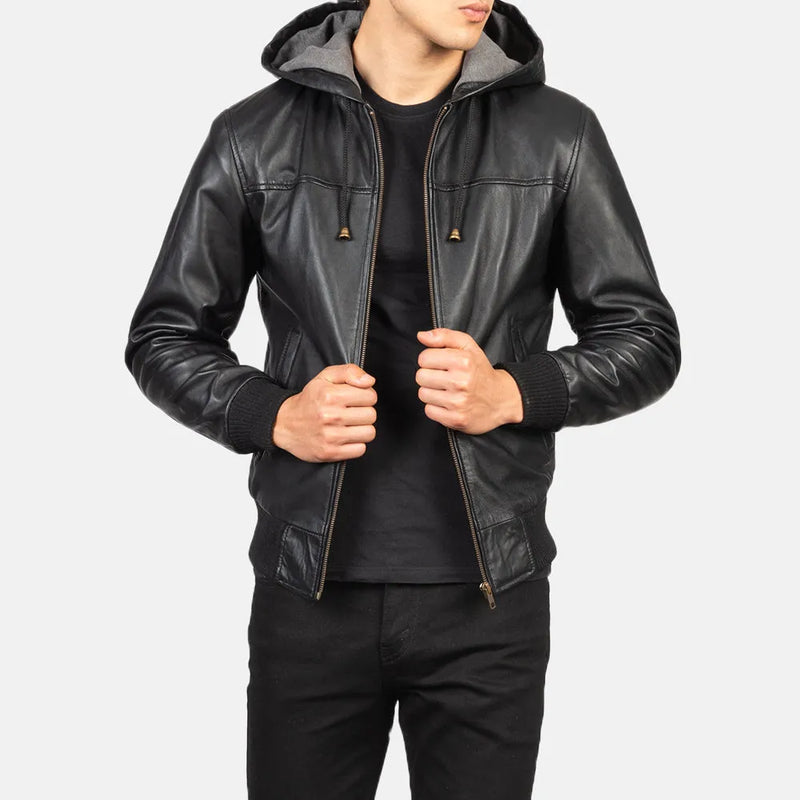 Men's black bomber jacket leather, perfect for any occasion. Its design make it a must-have for fashion-forward individuals.