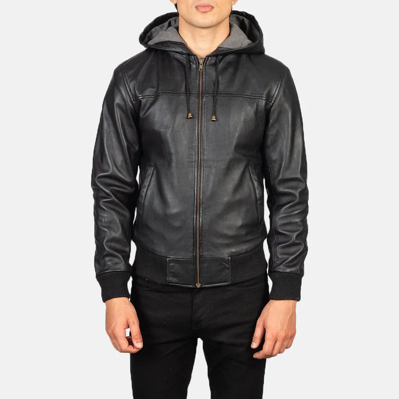 Men's black bomber jacket leather, perfect for any occasion. Its design make it a must-have for fashion-forward individuals.