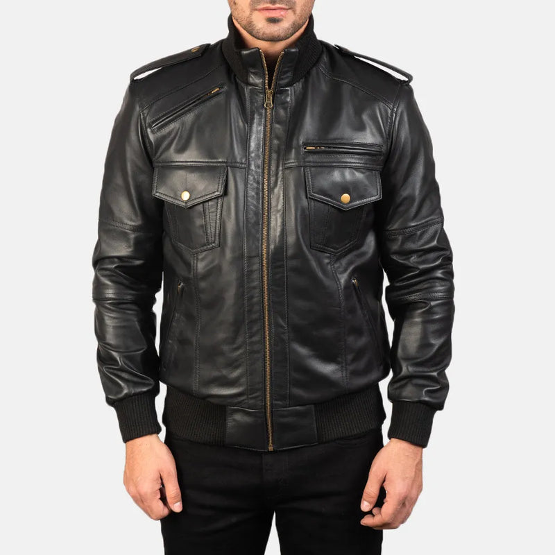 Stylish black bomber jacket men, made from genuine Sheep Skin leather 