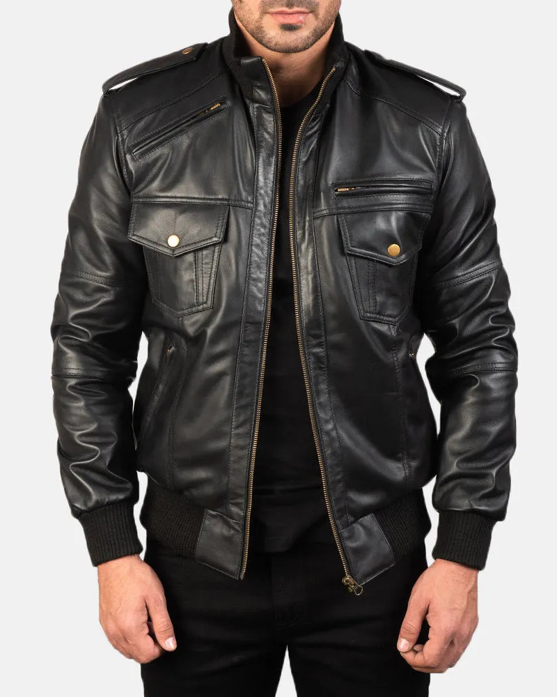 Stylish black bomber jacket men, made from genuine Sheep Skin leather 