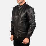 A stylish black bomber jacket, perfect for men seeking a fashionable and versatile outerwear option.