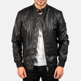 A stylish black bomber jacket, perfect for men seeking a fashionable and versatile outerwear option.