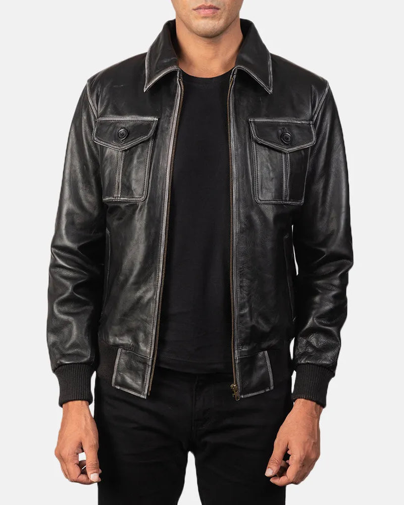 Stylish black bomber leather jacket, perfect for men. Ideal for a cool and edgy look