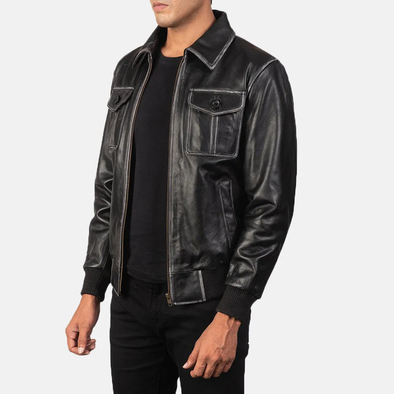 Stylish black bomber leather jacket, perfect for men. Ideal for a cool and edgy look