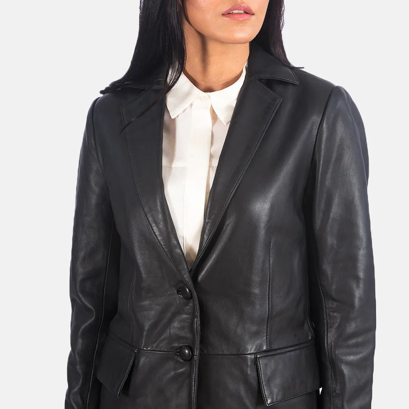 Check out this fashionable lady in a sleek black leather blazer women's, exuding elegance and sophistication.