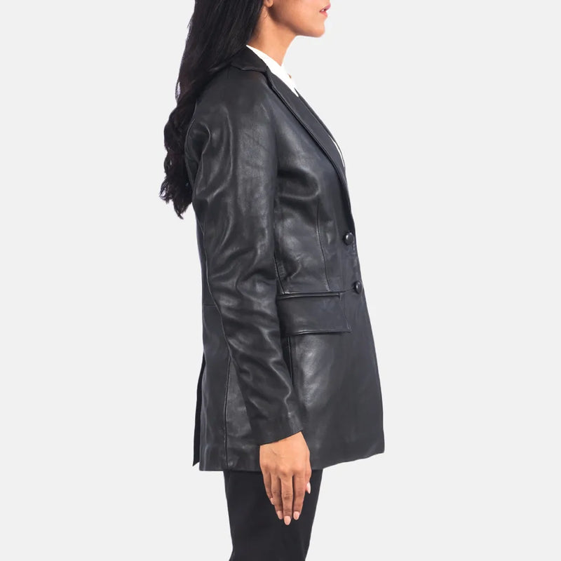 Check out this fashionable lady in a sleek black leather blazer women's, exuding elegance and sophistication.