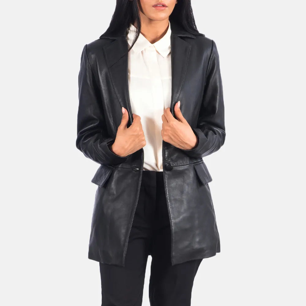 Check out this fashionable lady in a sleek black leather blazer women's, exuding elegance and sophistication.