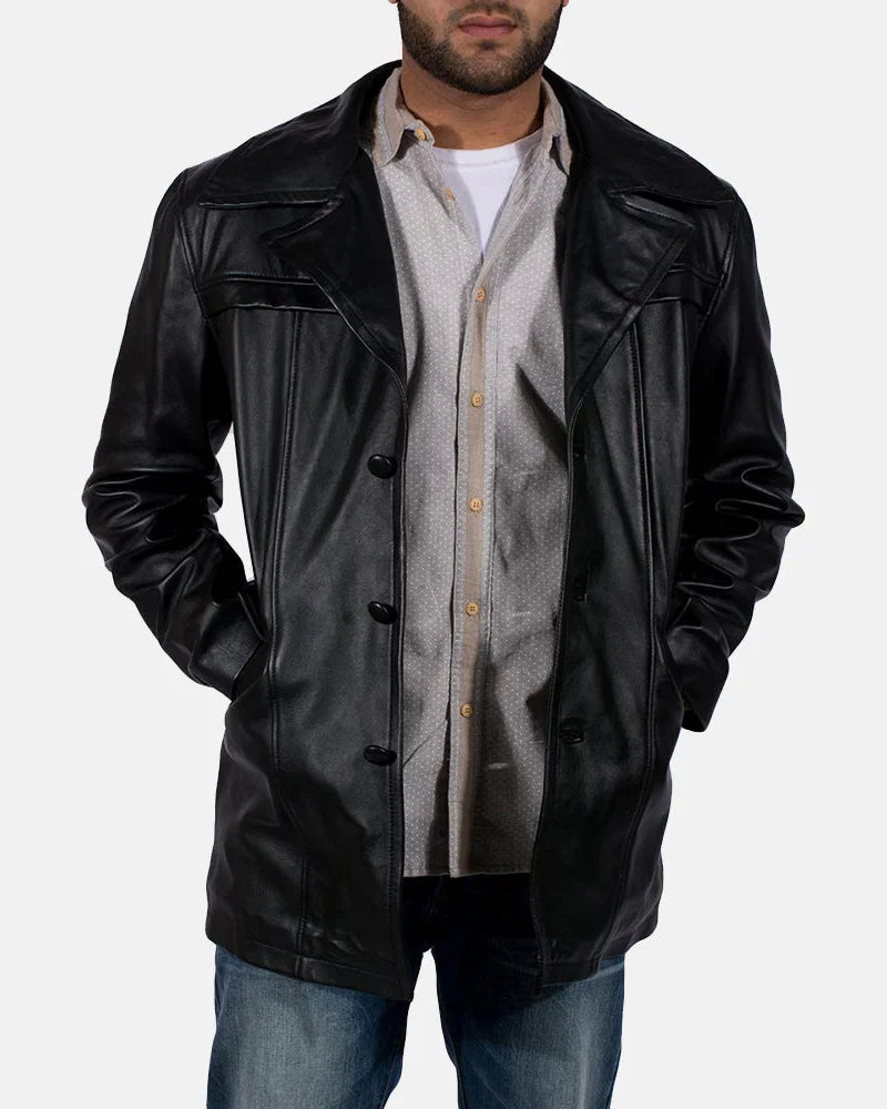 Style with this dashing Men's Browton Black Leather Coat. Crafted with leather, it's a must-have for any fashion-forward individual.