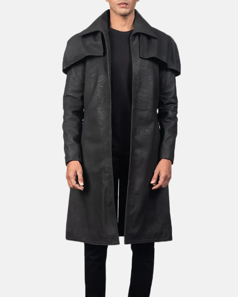 Fashionable man wearing black trench coat, Black Leather Coat For Men