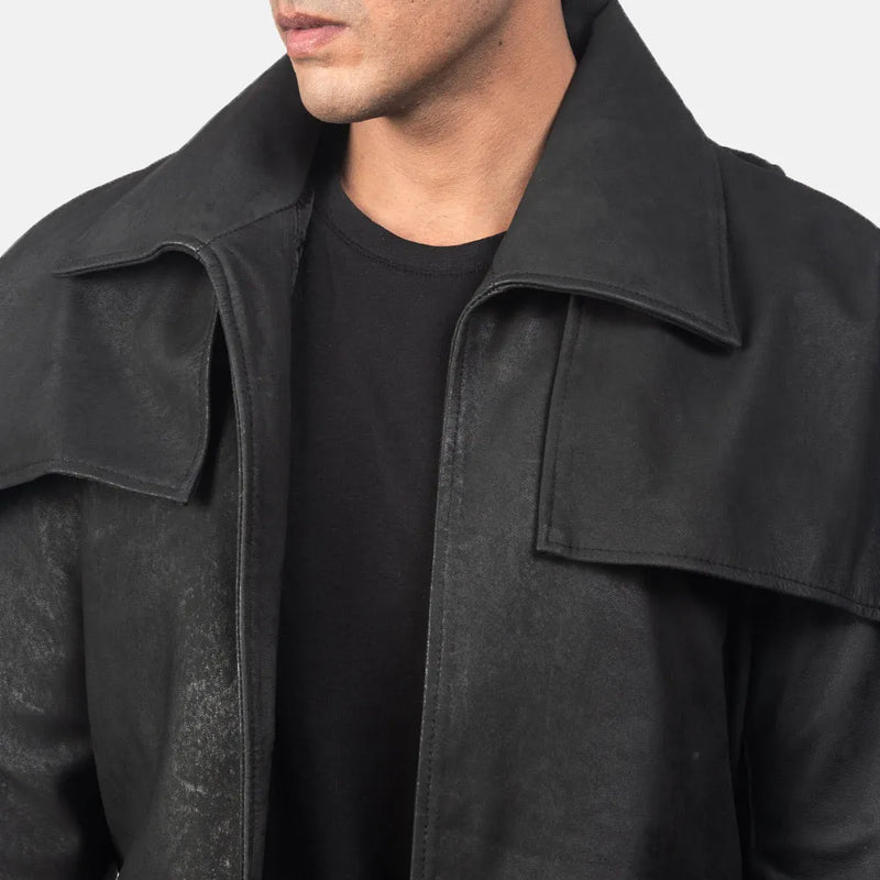 Fashionable man wearing black trench coat, Black Leather Coat For Men