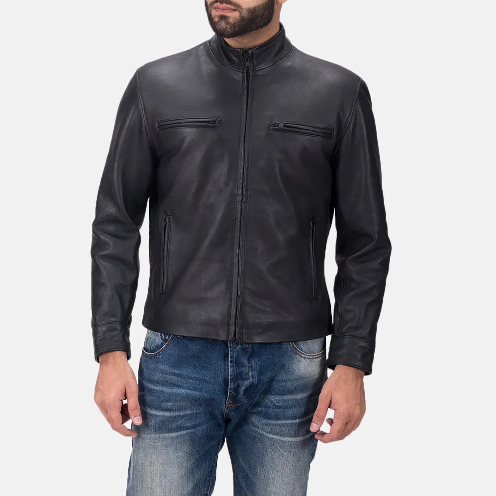 A sleek black leather jacket biker, crafted from genuine leather, exudes style and attitude.