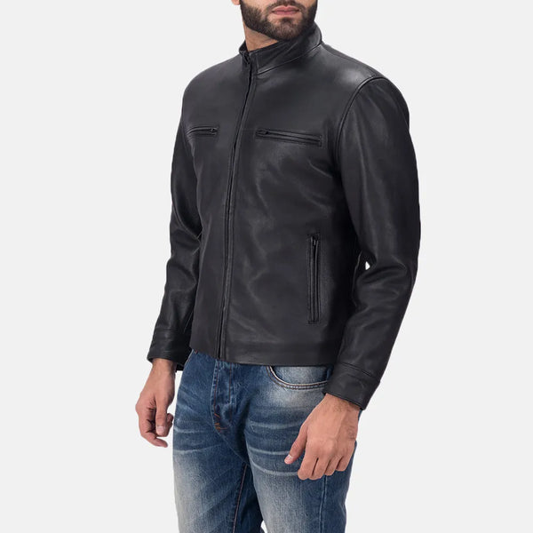 A sleek black leather jacket biker, crafted from genuine leather, exudes style and attitude.