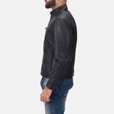 A sleek black leather jacket biker, crafted from genuine leather, exudes style and attitude.