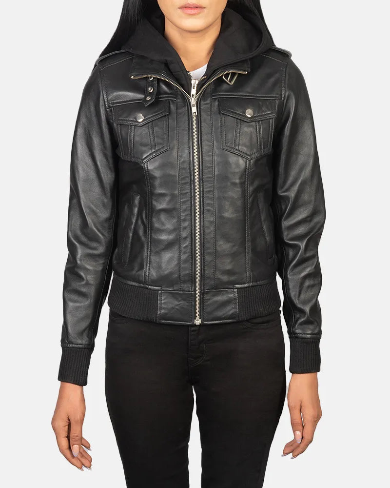 A stylish and sleek black leather jacket coat.