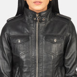 A stylish and sleek black leather jacket coat.