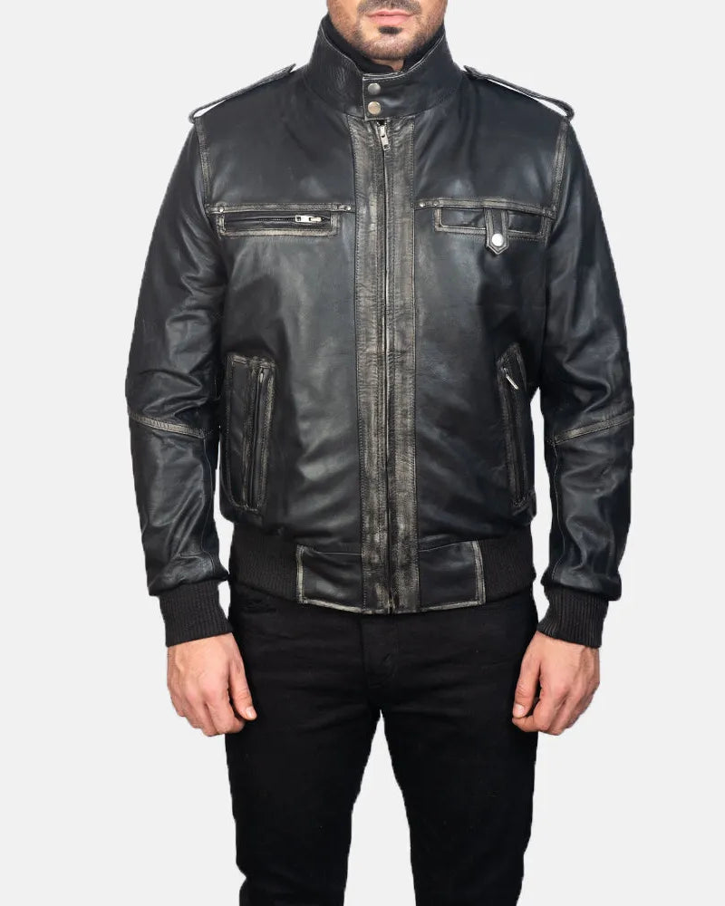 Authentic bomber black leather jacket vintage in Genuine leather