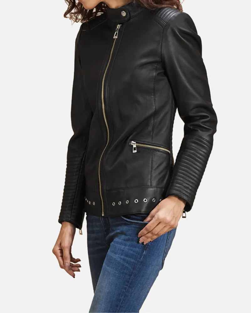 black leather jacket Women featuring trendy sleeve zippers.