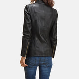 black leather jacket Women featuring trendy sleeve zippers.