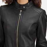 black leather jacket Women featuring trendy sleeve zippers.