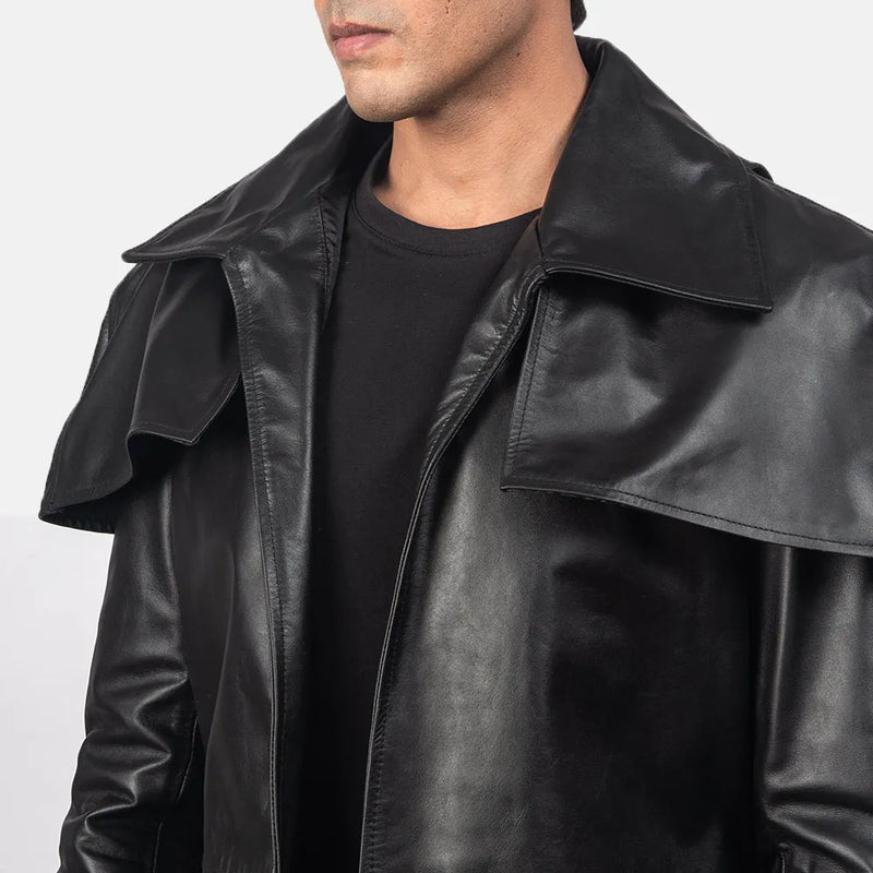 A stylish man in a black leather men's coat.