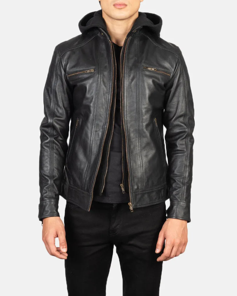 Stylish black leather men's jacket crafted from leather.