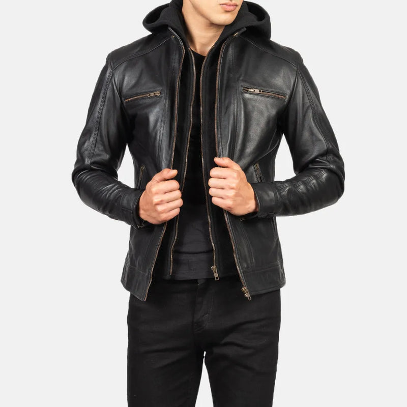 Stylish black leather men's jacket crafted from leather.