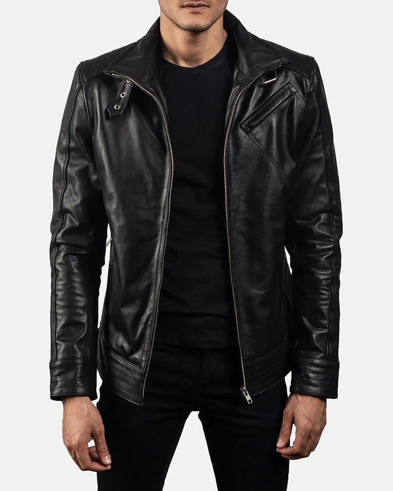 Stylish black leather moto jacket with zipper details and a sleek design.