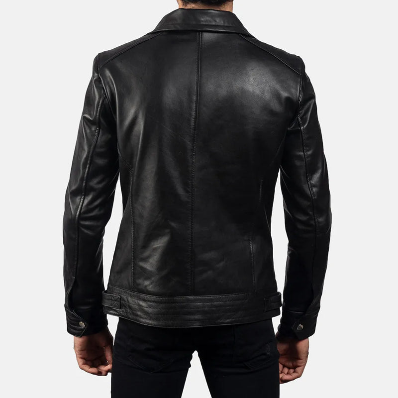 Stylish black leather moto jacket with zipper details and a sleek design.